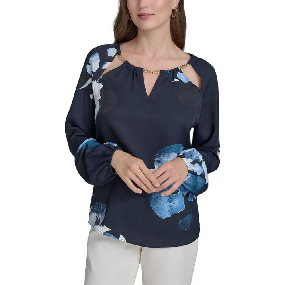 Halston Womens Printed Chain Neck Blouse, Blue